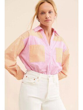 Anthropologie Rahi Colorblock Striped Button-Up Shirt Pink Orange Relaxed Fit